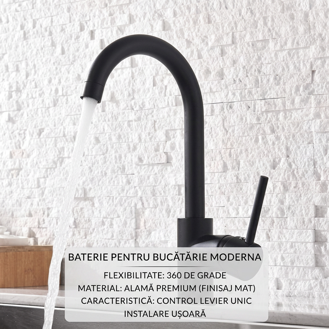 Baterie Bucatarie Monocomanda | Rotire 360° | Corp din Alama | Cartus Ceramic | Finisaj Negru | Pentru Chiuveta
