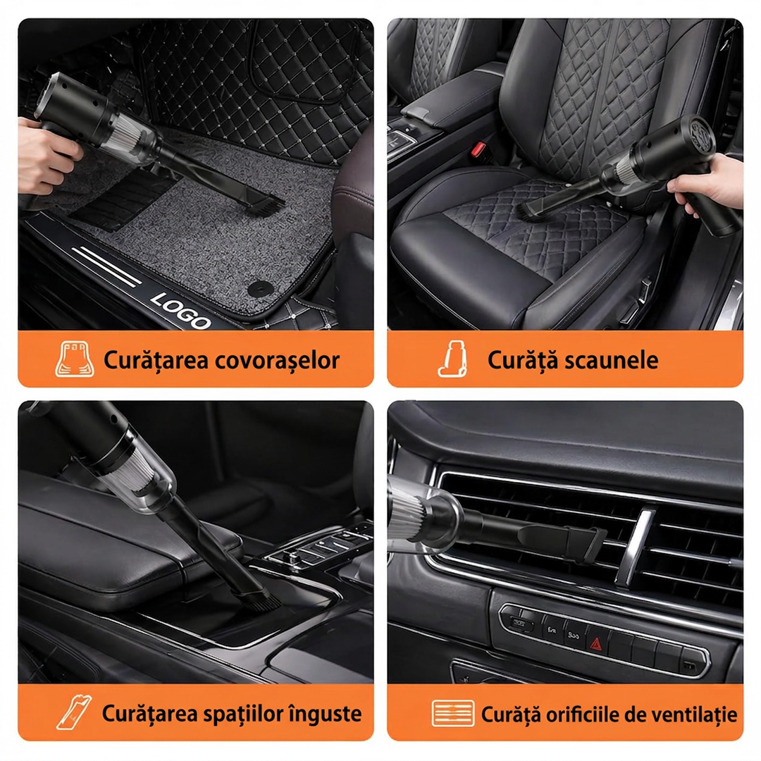 Aspirator Auto Portabil 3 in 1 | 12000Pa | Fara Fir | Aspirare + Suflare + Curatare | USB Reincarcabil | Filtru HEPA | Umed si Uscat