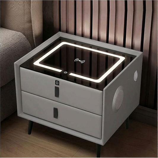 Noptiera Inteligenta Multifunctionala 50x40x45 cm | 2 Sertare | LED 3 Culori | Incarcare Wireless + USB | Difuzor Bluetooth | Gri Deschis
