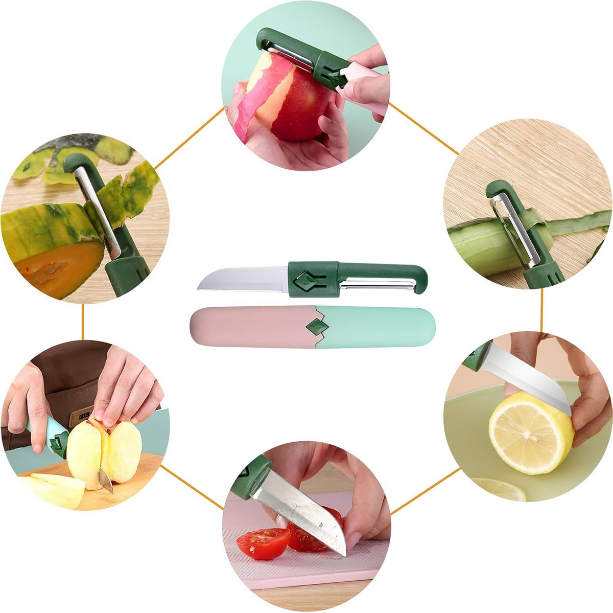 Cutit si Decojitor 2 in 1 pentru Fructe si Legume | Otel Inoxidabil 420 | Lama Dubla | Capac de Protectie