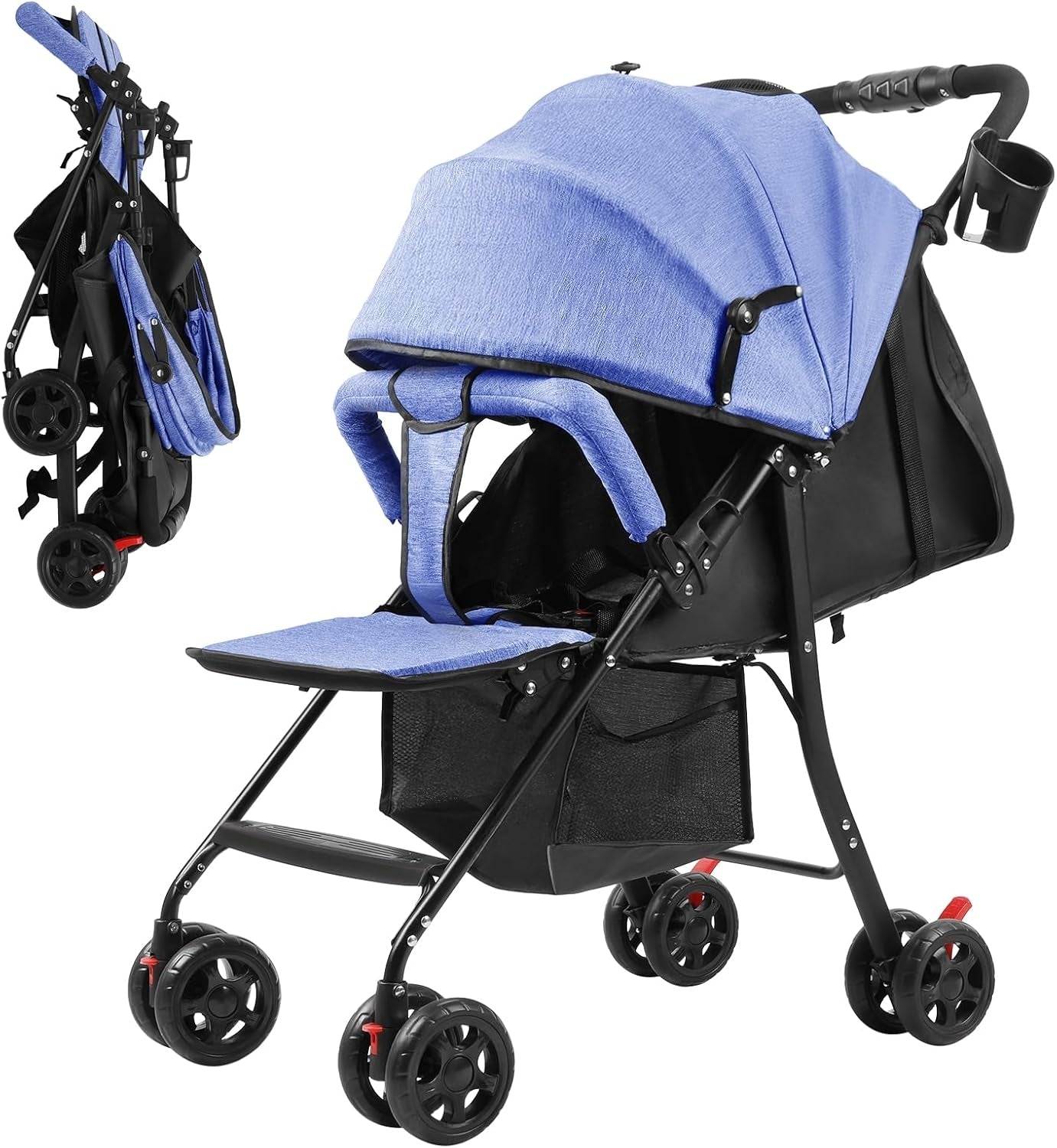 Carucior Bebe Pliabil Ultra Usor 4.2kg | Spatar Reglabil 95-175° | Centura 5 Puncte | Copertina Extensibila | Roti 360° | Cos Depozitare
