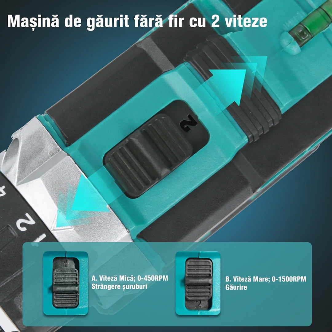 Bormasina cu Acumulator 48V si Percutie | 2 Acumulatori | 3 Functii | 2 Viteze | 24 Accesorii | LED