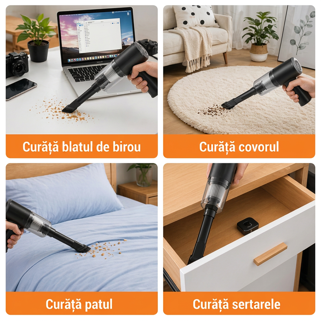 Aspirator Auto Portabil 3 in 1 | 12000Pa | Fara Fir | Aspirare + Suflare + Curatare | USB Reincarcabil | Filtru HEPA | Umed si Uscat