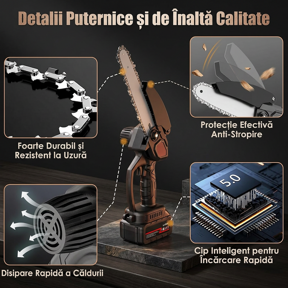 Mini Drujbă cu Acumulator, Lamă 6 inch, 2 Acumulatori 48V, 2 Lanțuri, Kit în Valiză