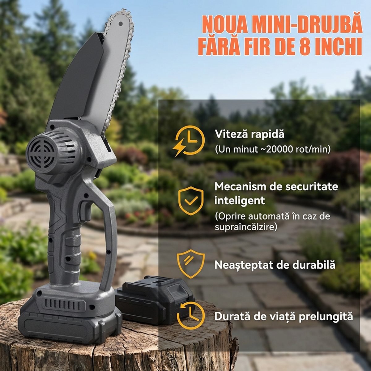 Mini Drujbă cu Acumulator, Lamă 8 inch, 2 Acumulatori 48V, 2 Lanțuri, Kit în Valiză