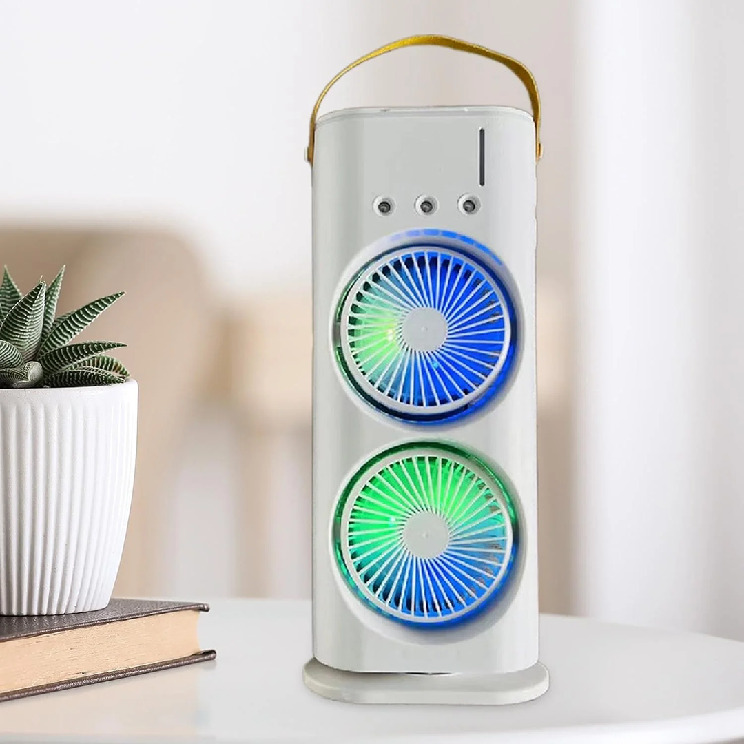 Ventilator Birou Portabil cu Umidificare prin Pulverizare | 2 Capete Oscilante | 3 Viteze | Telecomanda | 3000mAh 36W | 37x9x16.5cm