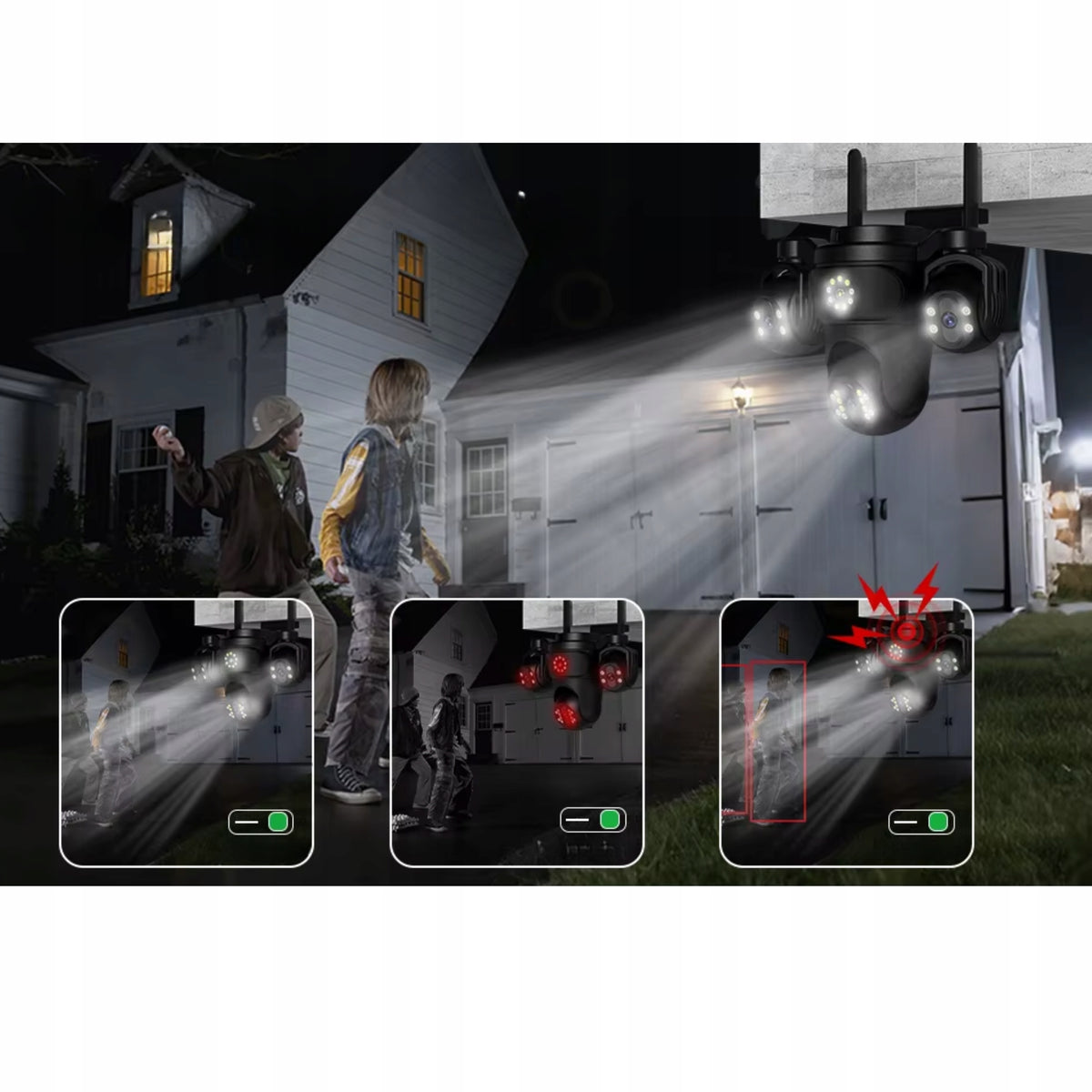 Cameră de Supraveghere WiFi Exterior cu 3 Obiective, 15MP, PTZ 355°, Urmărire AI, IP66