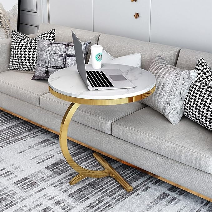 Măsuță Laterală Rotundă în Stil Nordic, Picior Auriu Curbat, Blat Aspect Marmură, 50 cm