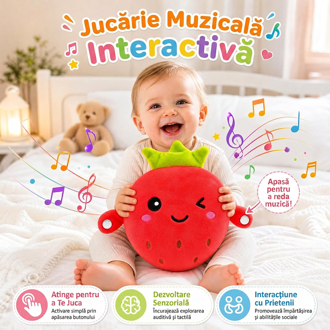 Set 3 Jucării Muzicale din Pluș pentru Bebeluși: Banană, Căpșună și Morcov