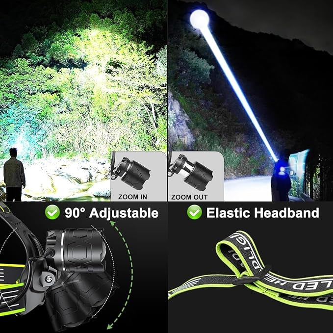 Lanterna Pentru Cap, Acumulator Reincarcabil Rapid TIP-C, 5000K, 1000 Metri Distanta, Impermeabila, Zoom Telescopic