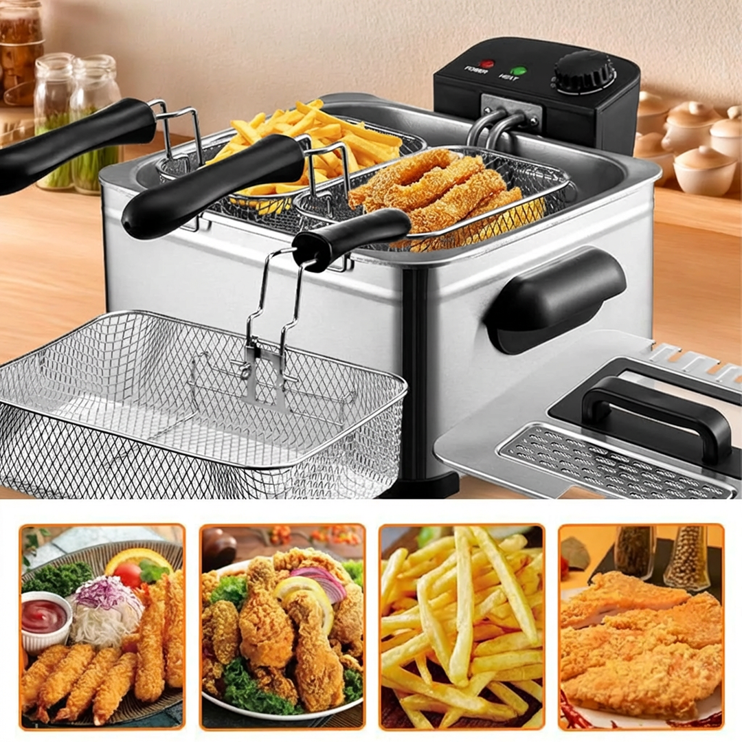 Friteuza Electrica Cu Ulei 5.5L | 2000W | Termostat Reglabil 0-190°C | Incalzire Rapida | Otel Inoxidabil | Argintiu
