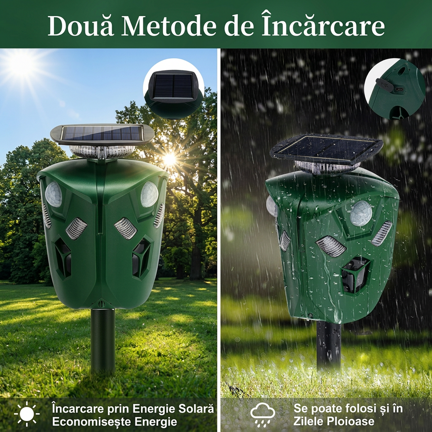 Aparat Solar Ultrasunete Impotriva Daunatorilor - Repelent Solar 360° | 3 Moduri Frecventa Selectabila | 500m² | 3 Senzori Miscare | Fara Baterii | Impermeabil | Tija Sol | Pisici, Caini, Ursi