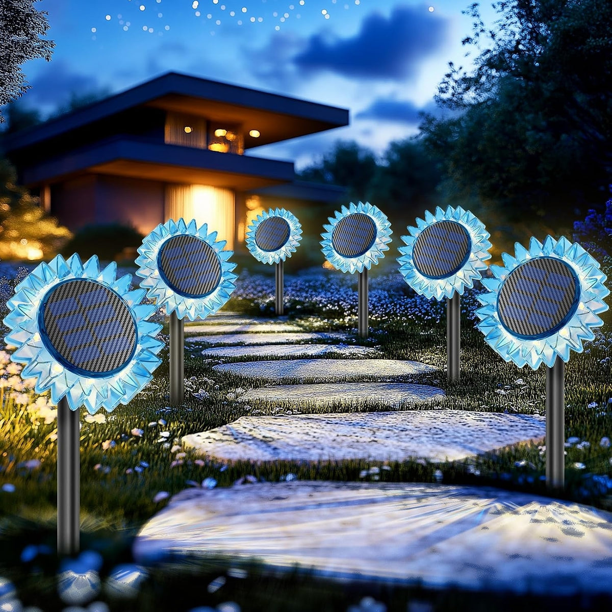 Set 3 Lămpi Solare Decorative Floarea-Soarelui, Galben, Albastru și Roz, LED Alb Cald