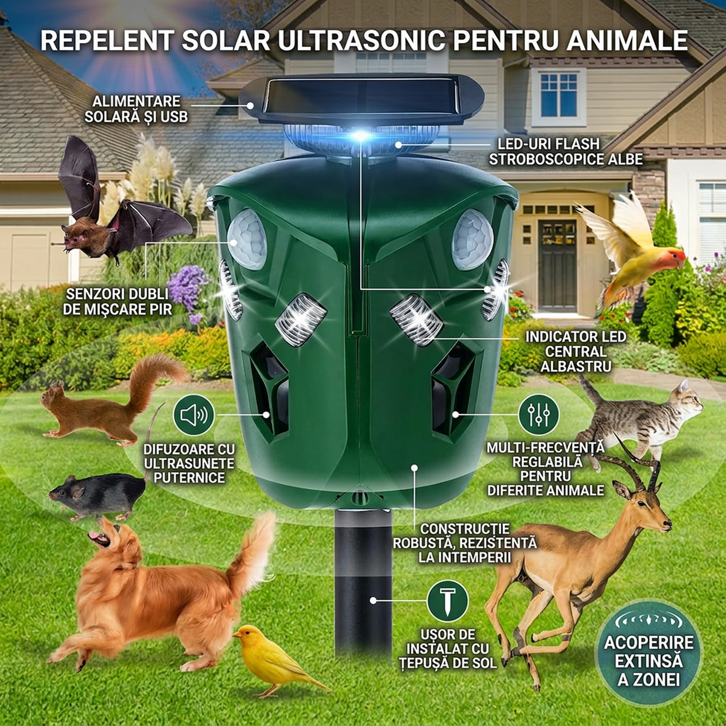 Aparat Solar Ultrasunete Impotriva Daunatorilor - Repelent Solar 360° | 3 Moduri Frecventa Selectabila | 500m² | 3 Senzori Miscare | Fara Baterii | Impermeabil | Tija Sol | Pisici, Caini, Ursi