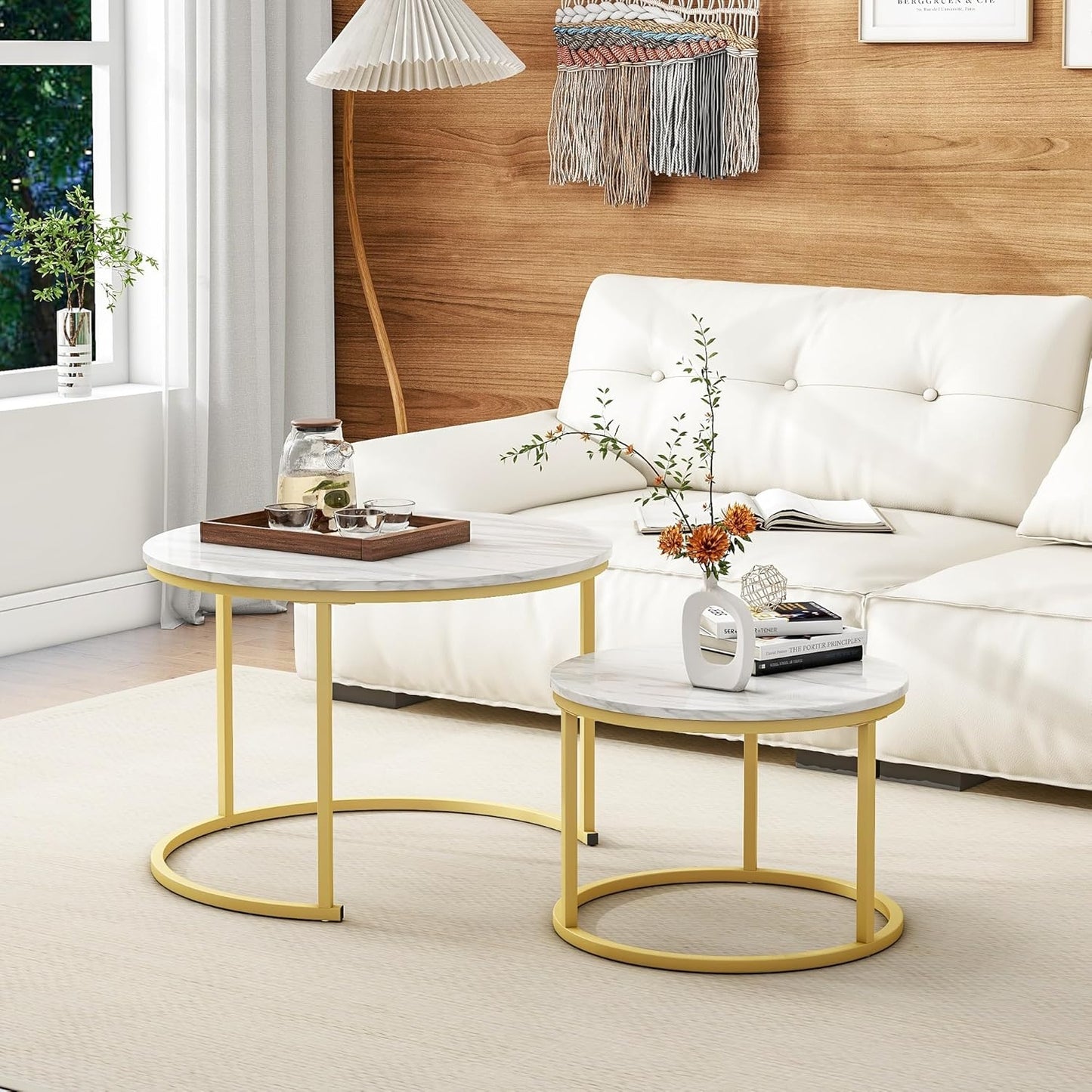 Set 2 Masute de Cafea Rotunde cu Blat MDF Aspect Marmura | Cadru Metalic Bronz Mat | 70x45 cm si 50x38 cm