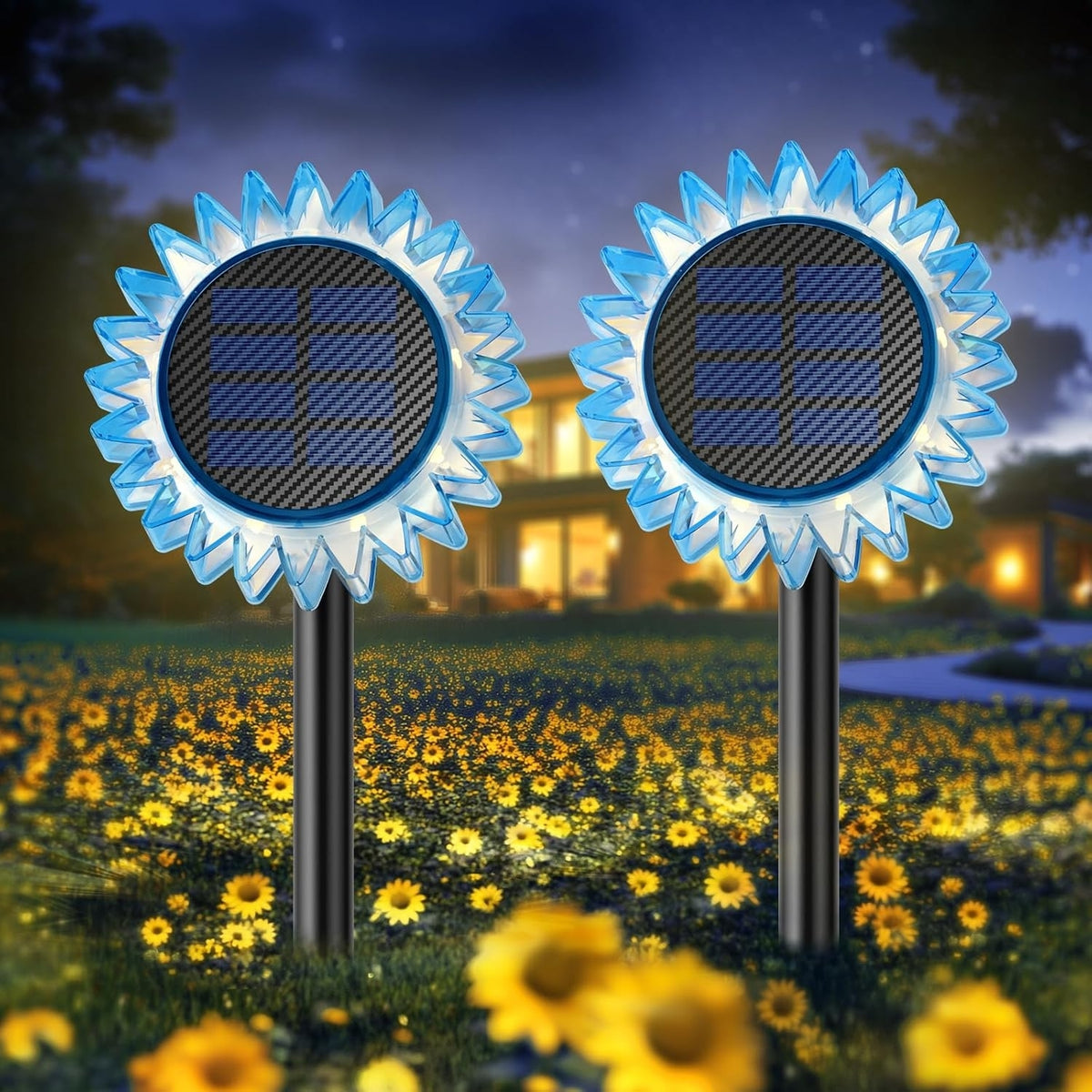 Set 3 Lămpi Solare Decorative Floarea-Soarelui, Galben, Albastru și Roz, LED Alb Cald