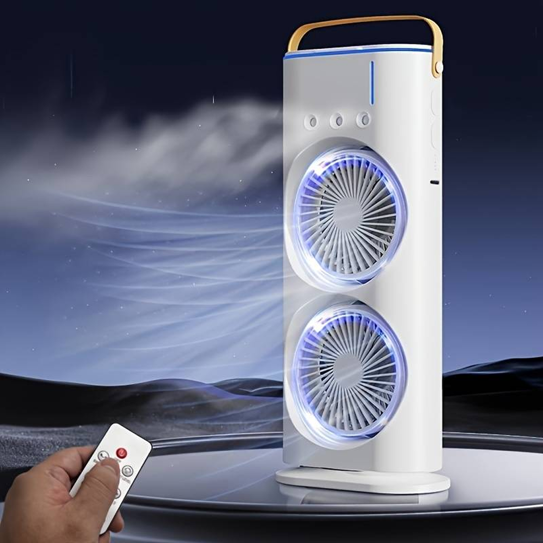 Ventilator Birou Portabil cu Umidificare prin Pulverizare | 2 Capete Oscilante | 3 Viteze | Telecomanda | 3000mAh 36W | 37x9x16.5cm