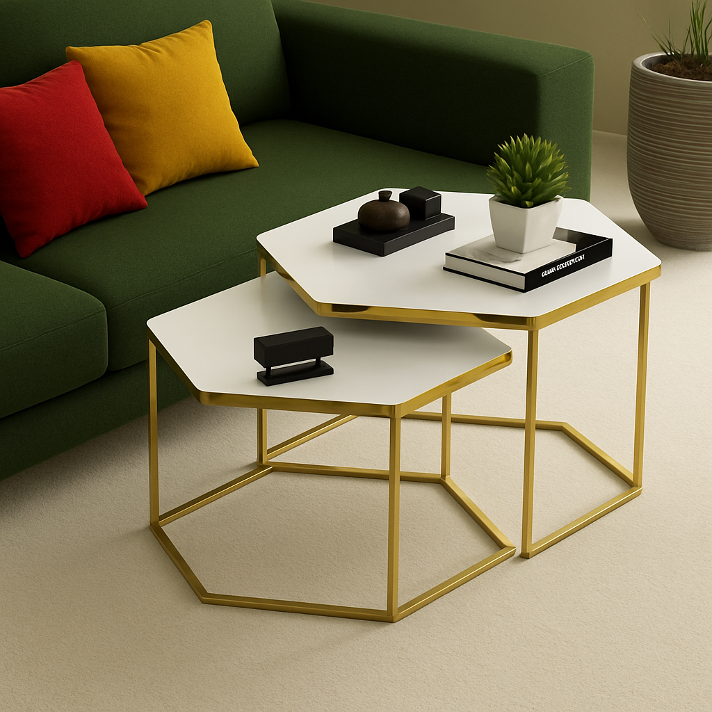 Set 2 Masute Hexagonale cu Blat Alb | Cadru Metalic Auriu | Design Suprapus