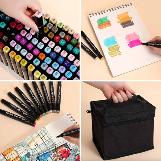 Set 60 Markere Artistice | Doua Capete Subtire + Gros | Carioci Multicolore | Geanta Pentru Depozitare