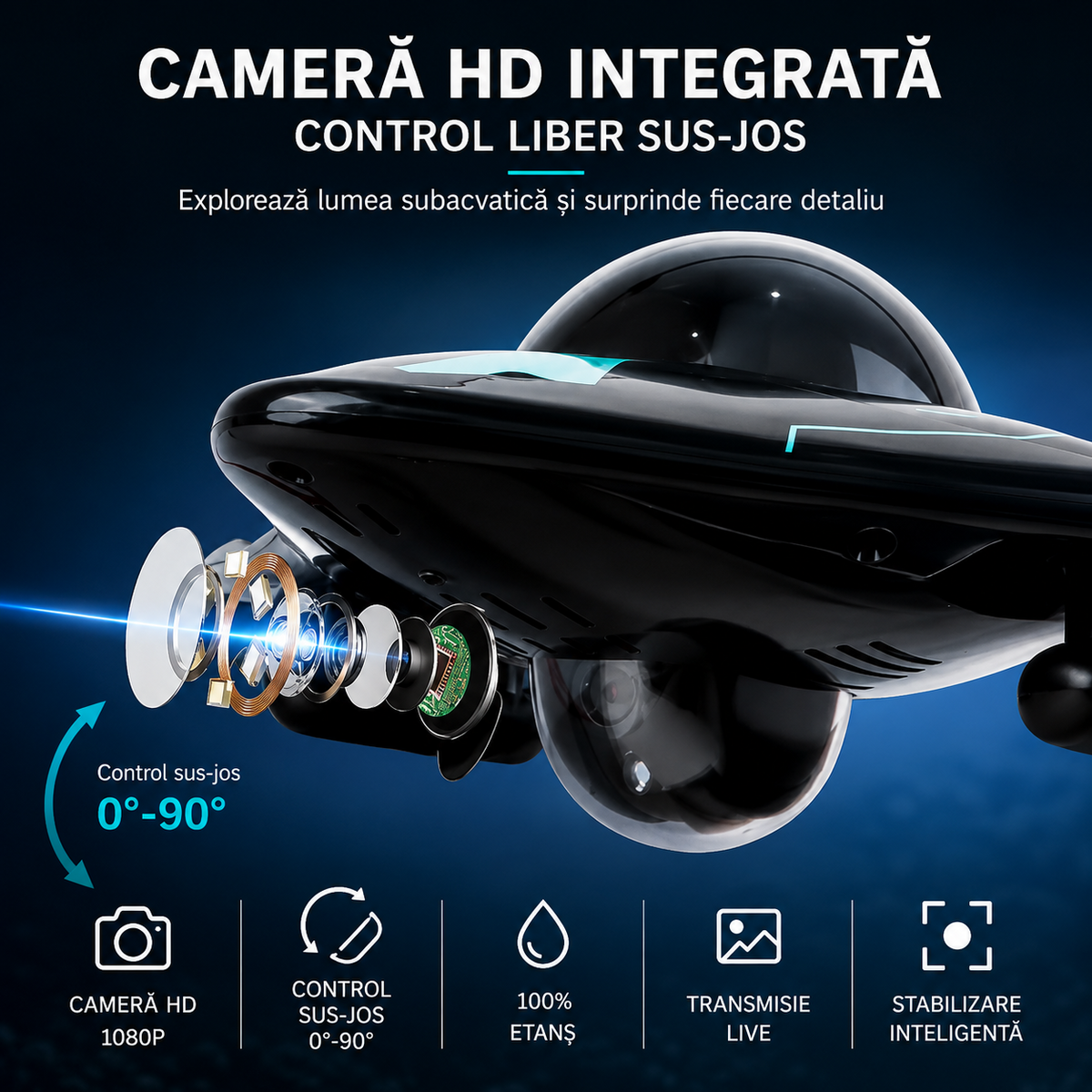 Submarin RC cu Cameră HD 1080P și Transmisie WiFi, Control prin Telecomandă și Aplicație