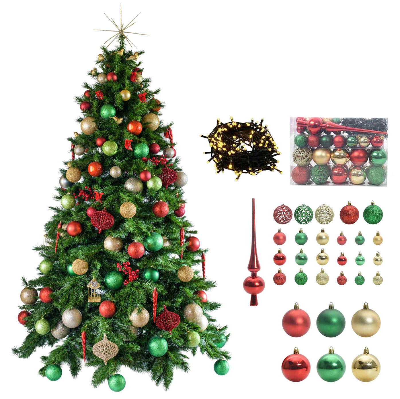 Brad Artificial 1.80m cu Set Impodobit 24 Globuri, 4 Beteala, Instalatie 100 LED, Suport Metalic