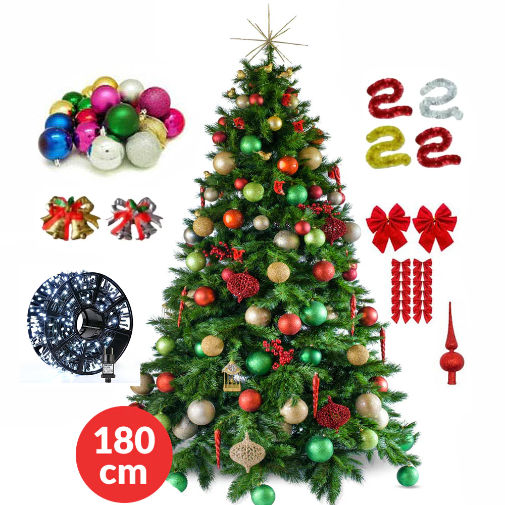 Brad Artificial 1.80m cu Set Impodobit 24 Globuri, 4 Beteala, Instalatie 100 LED, Suport Metalic