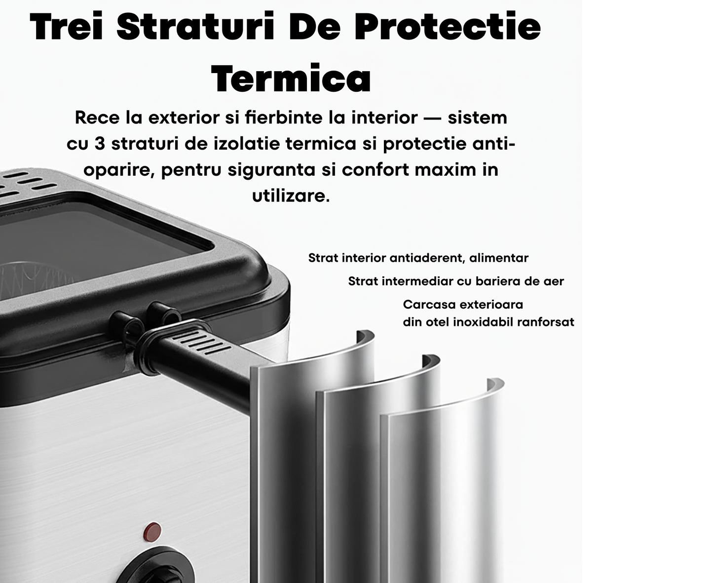 Friteuza Multifunctionala | 2.5L Inox, 2000W, Prajire Si Coacere, Cos Detasabil Cu Maner Rece