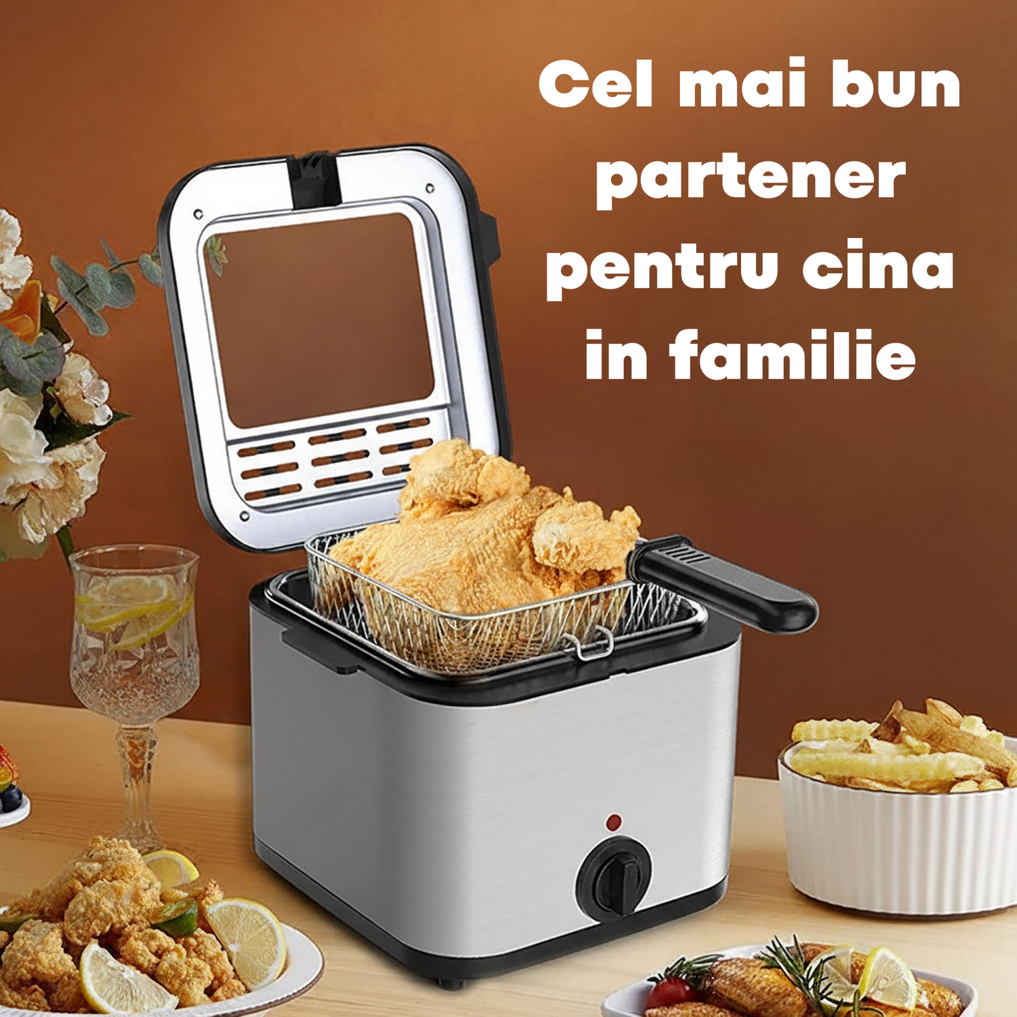 Friteuza Multifunctionala | 2.5L Inox, 2000W, Prajire Si Coacere, Cos Detasabil Cu Maner Rece