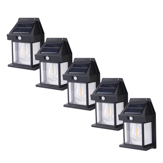 Set 5 x Lampa Solara de Perete | Forma Felinar | 18W | Senzor de Miscare | Lumina Calda 3000K