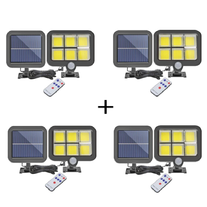 Set 4 Lampi LED Solare 250W, 6 COB, Senzor de Miscare si Telecomanda