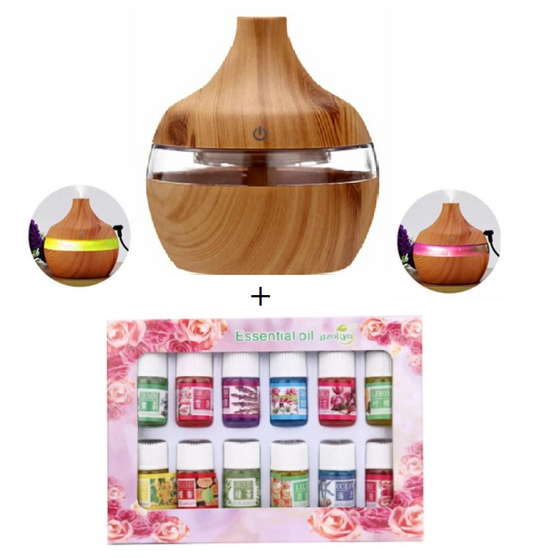 Set Aromaterapie Premium – Umidificator & Difuzor 300 ml cu 7 Lumini Ambientale + 12 Uleiuri Esențiale Naturale