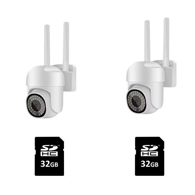 Set 2 Camere Supraveghere, Conexiune Wi-Fi, Full HD, 360°, IP66, Carduri Memorie Cadou