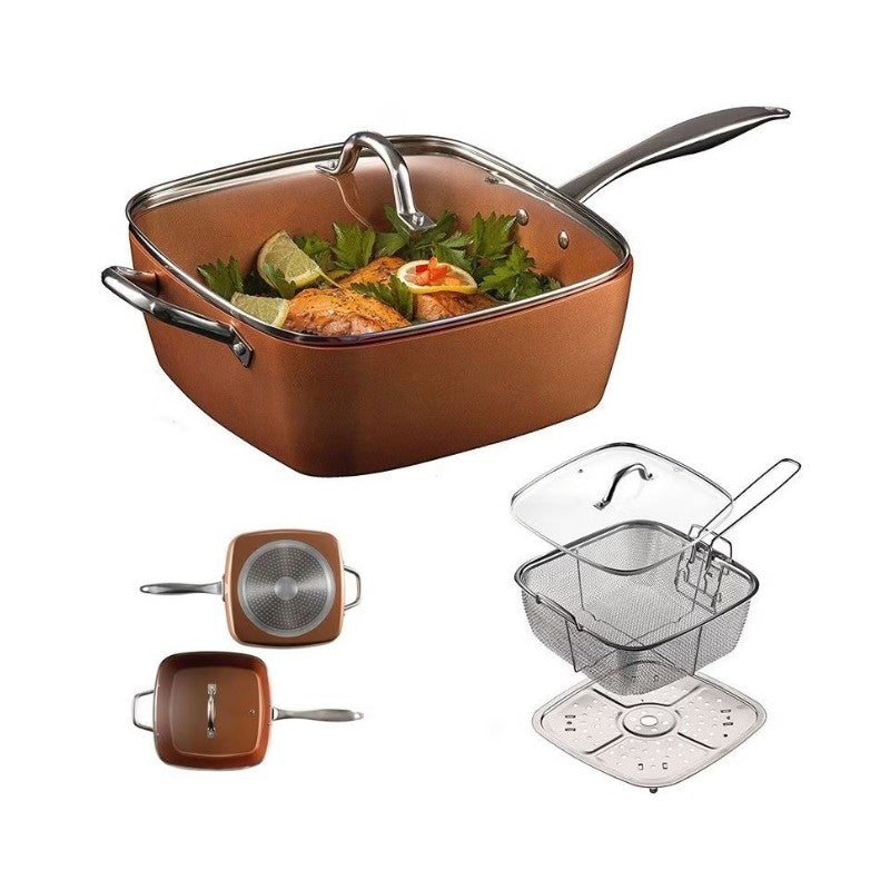 Tigaie Multifunctionala 5 Piese | Non-Aderenta Din Ceramica Si Inox Cu Capac, Cos Si Gratar