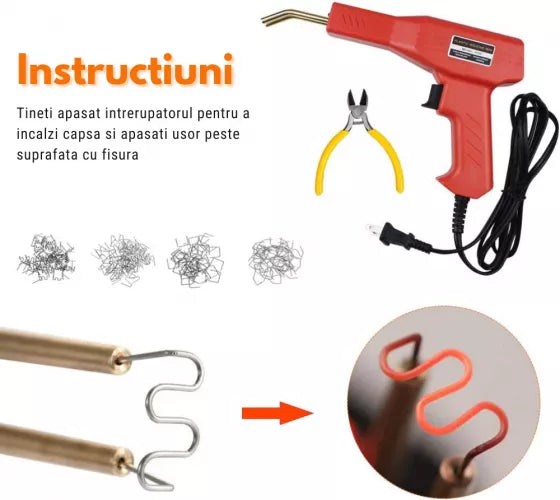 Pistol Profesional Pentru Lipit Plastic | 50W, Kit Reparare Fisuri, 200 Capse, Protectie Supraincalzire