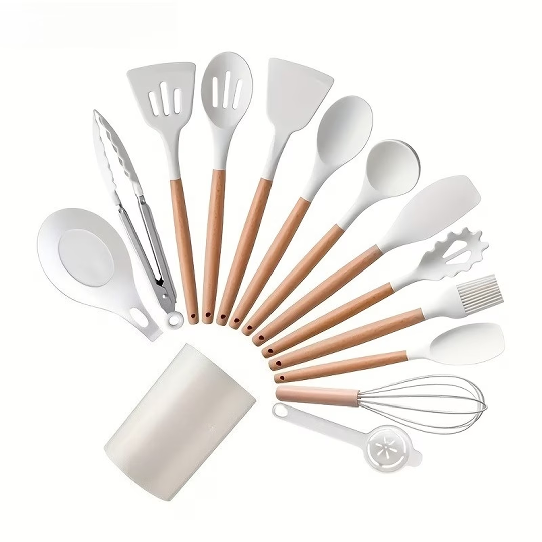 Set Ustensile Bucatarie Silicon 14 Piese | Maner Lemn | Compatibil Vase Non-Aderente | Diferite Culori
