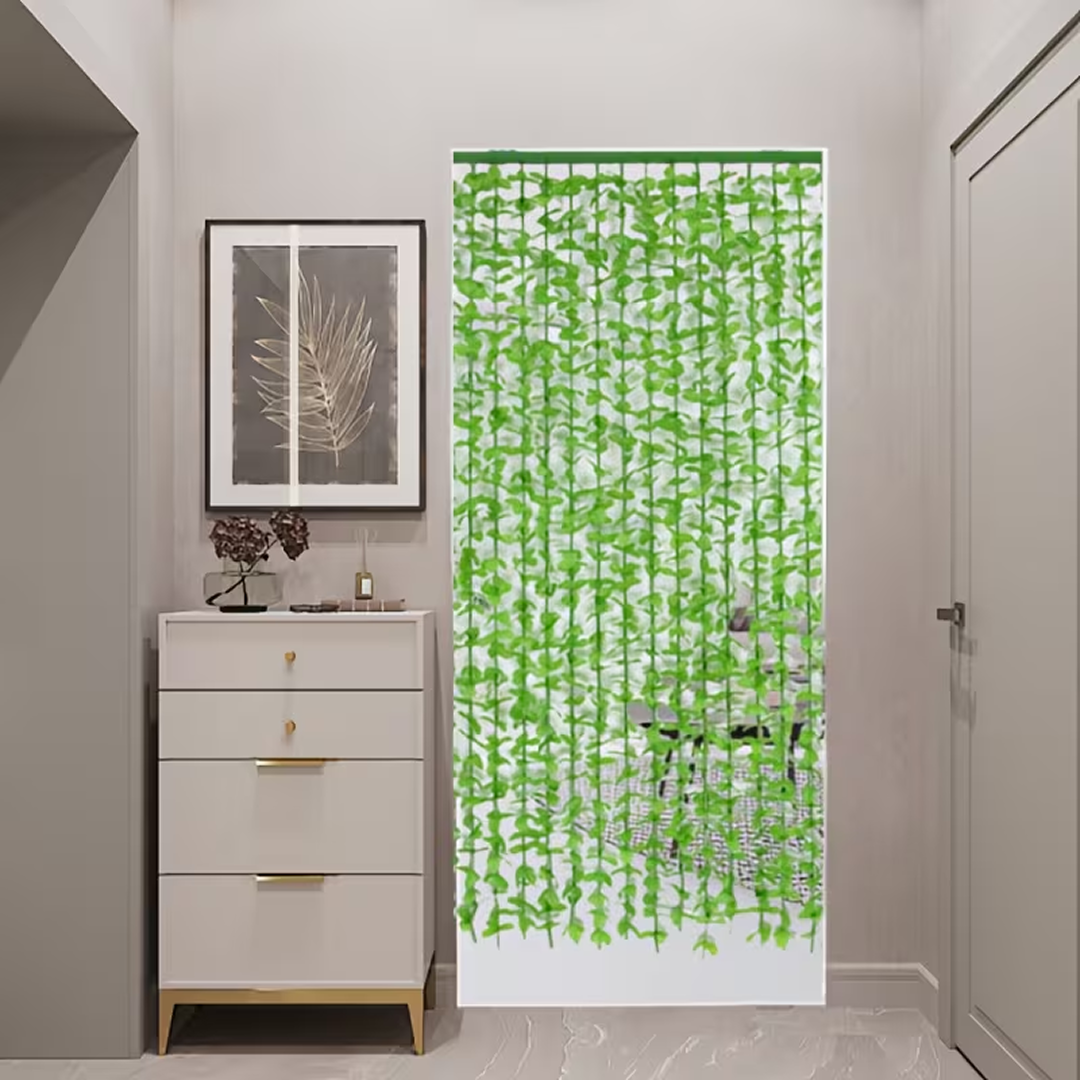 Perdea Decorativa Usa 90x180 Cm Cu Frunze | Bambus Si Material Textil | Anti Insecte | Verde