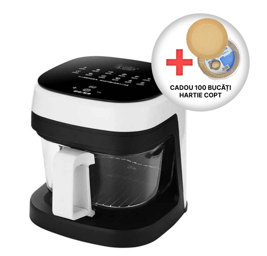 PROMO Friteuză cu aer cald capacitate 8.5 l, protectie supraincalzire, cu vas din yena transparent si rezistent + 100 Hartii Copt CADOU