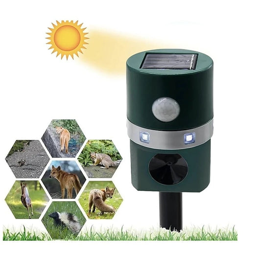 Aparat Solar Ultrasunete Impotriva Daunatorilor - Repelent Solar Animale cu Ultrasunete | Senzor PIR 8m | 6 LED Blit | 22-65kHz | Impermeabil | 3.6V 0.3W | Gradina, Livada, Curte | Verde