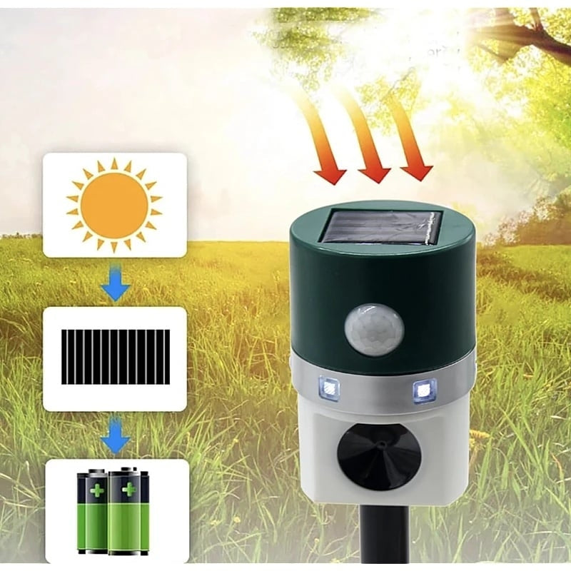Aparat Solar Ultrasunete Impotriva Daunatorilor - Repelent Solar Animale cu Ultrasunete | Senzor PIR 8m | 6 LED Blit | 22-65kHz | Impermeabil | 3.6V 0.3W | Gradina, Livada, Curte | Verde
