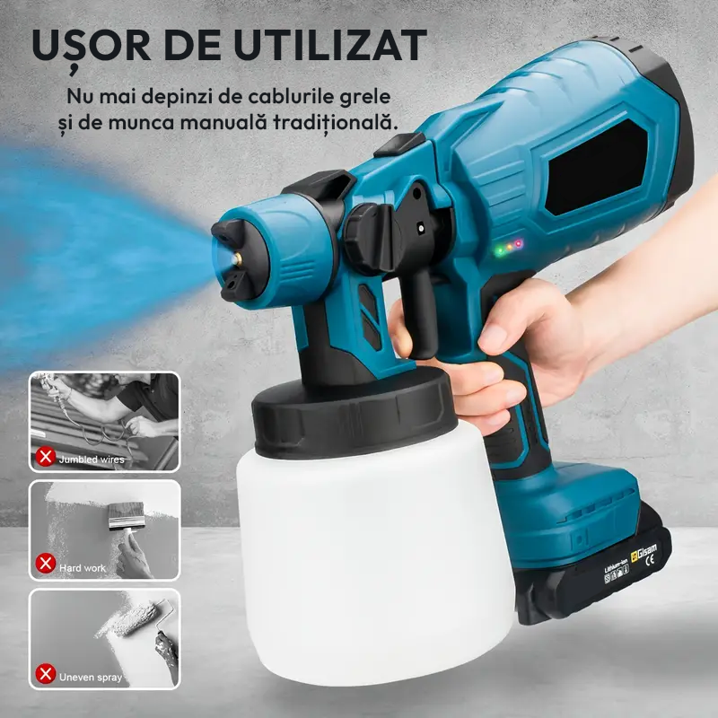 Pistol de Vopsit cu Acumulator 48V, 2 Acumulatori, Rezervor 800 ml, 3 Moduri de Pulverizare