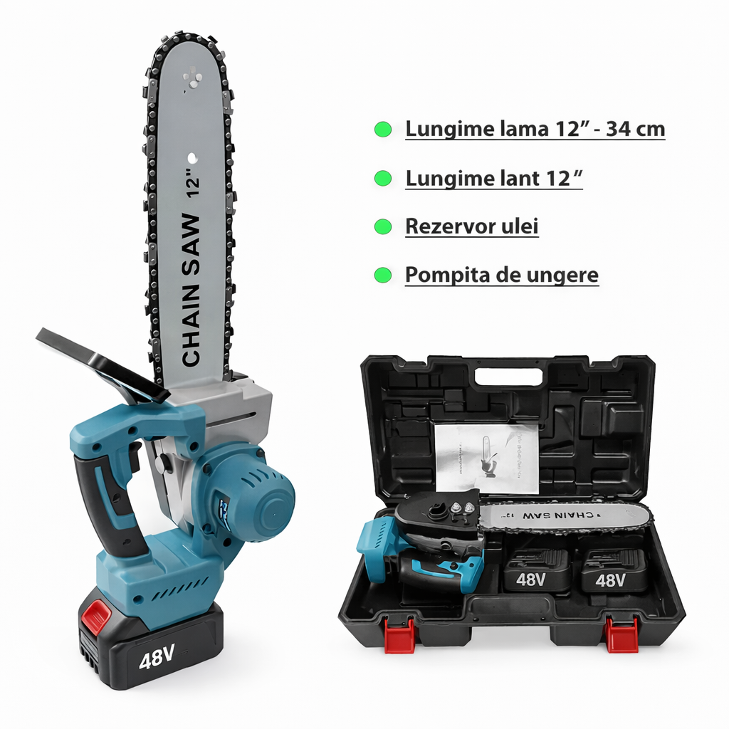 Fierăstrău cu Lanț pe Acumulator, 900W, Lamă 30 cm, 2 Baterii 48V și Ungere Automată