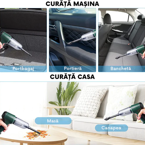 Mini Aspirator Portabil 3 In 1 | Fara Fir Cu Acumulator 4000mAh | Incarcare USB Si Filtru HEPA