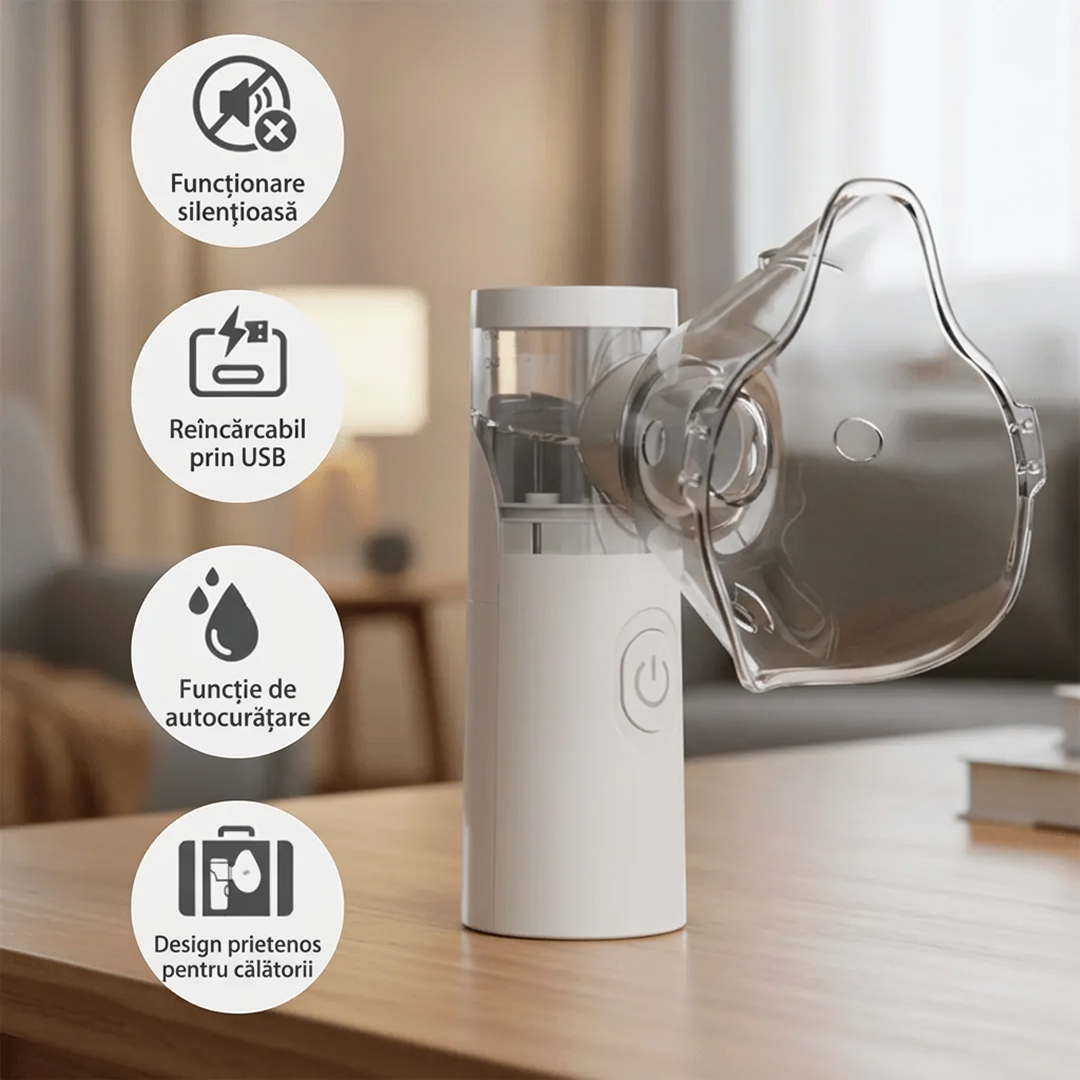 Aparat de Aerosoli Portabil Universal Cu 3 Interfete | Debit 0.2 ml/min | Silentios | Alimentare USB Sau Baterii | Alb