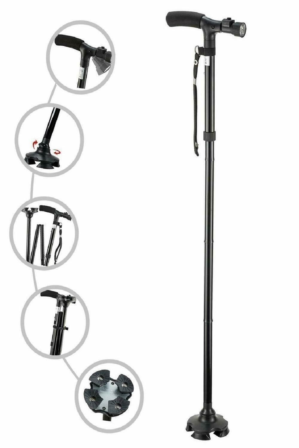Baston Telescopic Pliabil Cu Lanterna | Suport Stabil Cu Pivoti | Reglabil 86–96 cm | Sta Singur | Transport Facil