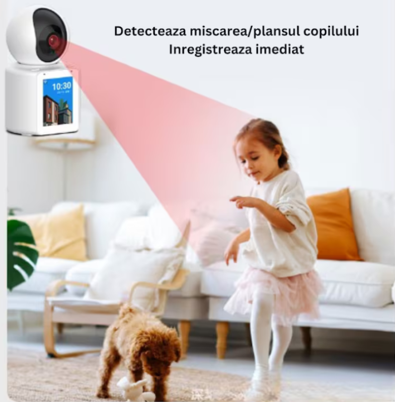 Cameră de Interior WiFi cu Ecran 2,8 inch pentru Apel Video, Rotire 350° și Detectare Plâns