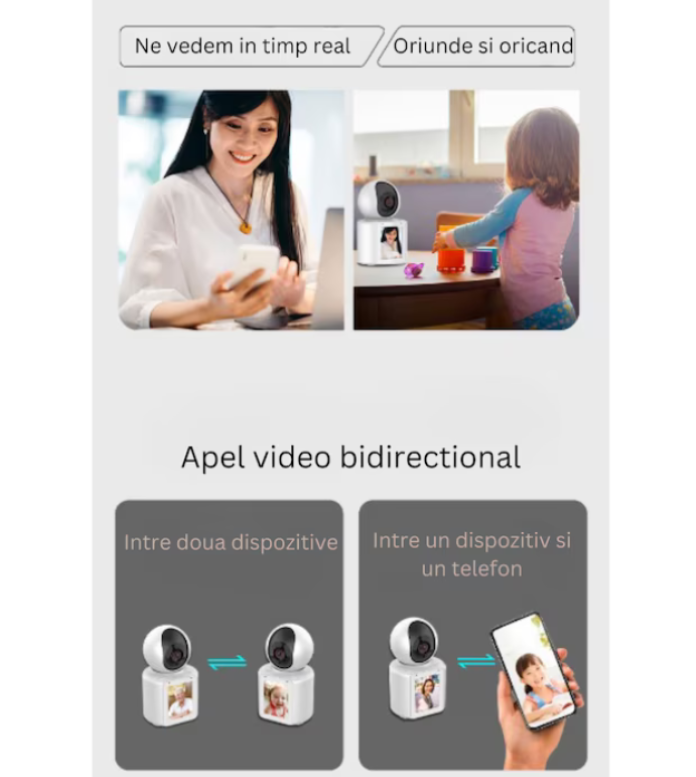 Cameră de Interior WiFi cu Ecran 2,8 inch pentru Apel Video, Rotire 350° și Detectare Plâns