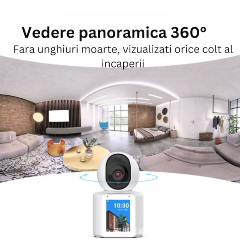 Cameră de Interior WiFi cu Ecran 2,8 inch pentru Apel Video, Rotire 350° și Detectare Plâns