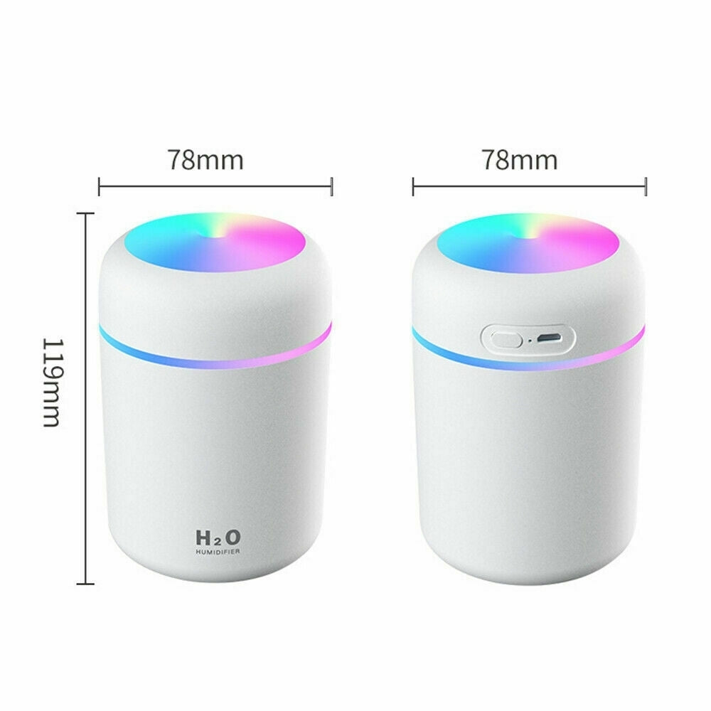 PROMO - Umidificator si Difuzor Aromaterapie cu ultrasunete, capacitate 300ML, LED 7 culori + Set 12 uleiuri esential, 3 ml, de fructe si flori, parfum Purificator si Umidificator si SPA