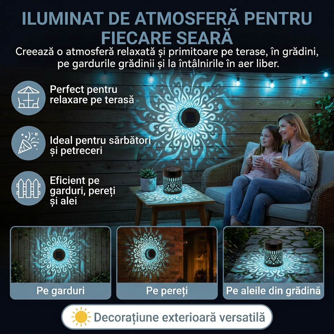 Lampa Solara de Perete cu Proiectie Mandala | Lumina multicolora RGB | Aprindere Automata | Metal | Exterior | 8.6x8.4 cm