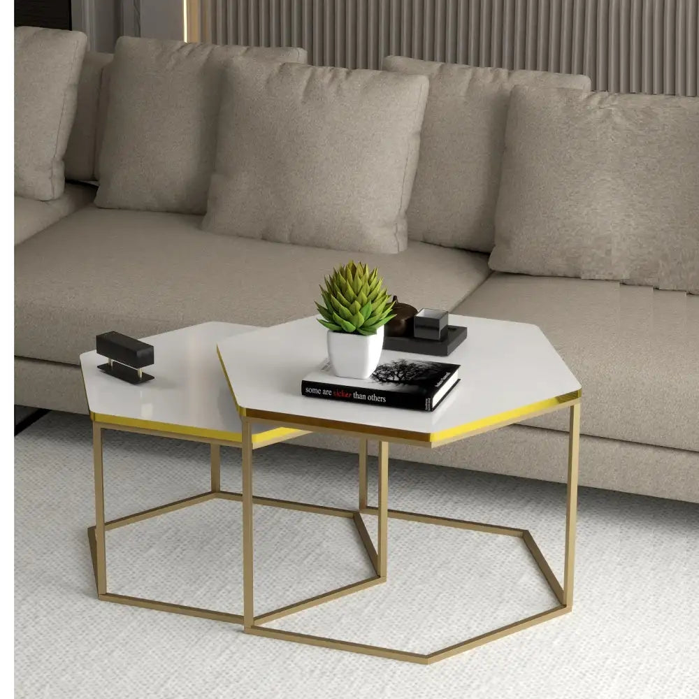 Set 2 Masute Hexagonale cu Blat Alb | Cadru Metalic Auriu | Design Suprapus